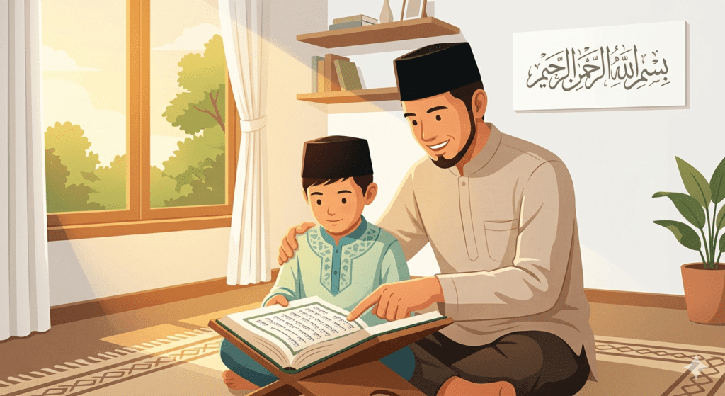 Ilustrasi pendidikan anak dalam Islam melalui peran ayah mendampingi belajar Al-Qur'an dalam keluarga Muslim