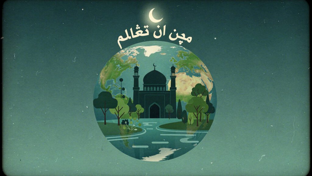 Ilustrasi bumi hijau dalam Islam dengan masjid dikelilingi pohon dan air bersih