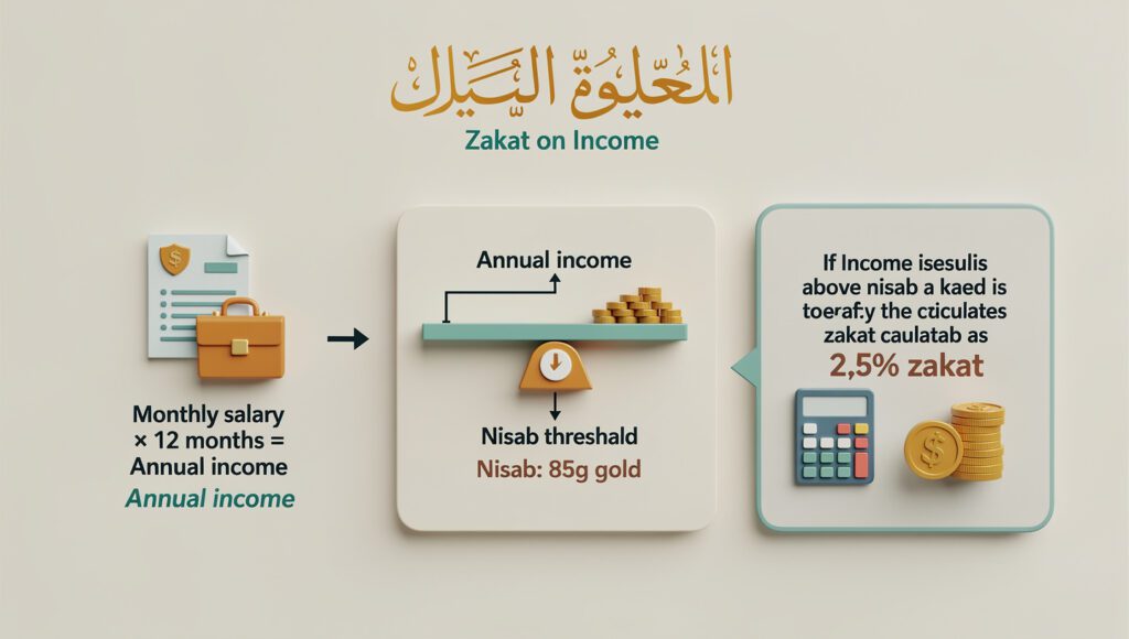 Infografis cara menghitung zakat penghasilan berdasarkan nisab emas dan persentase 2,5 persen