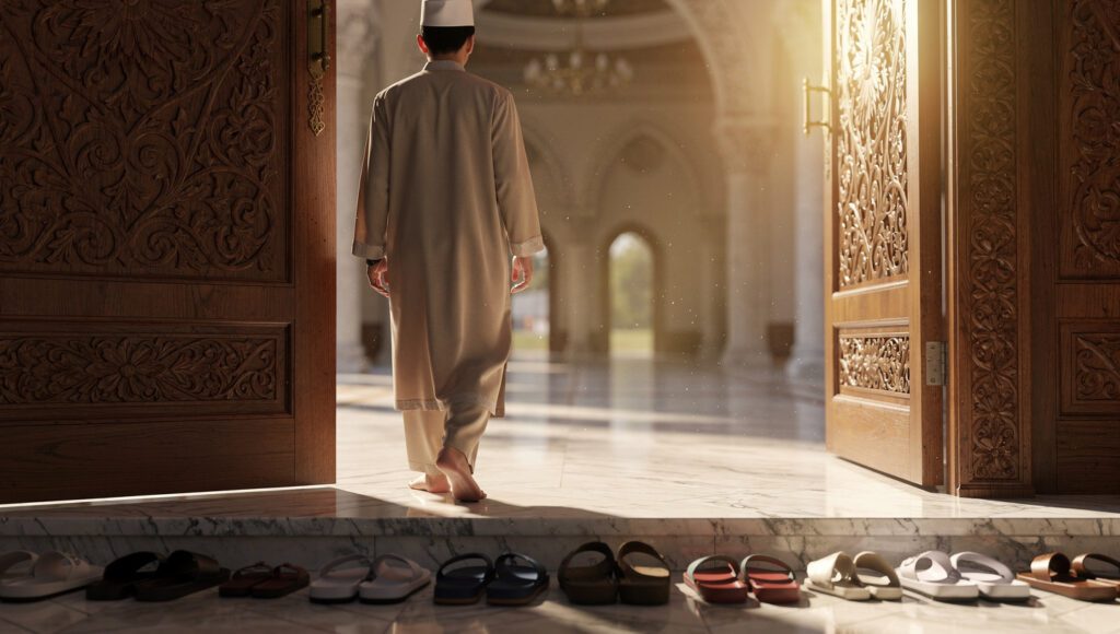 muslim masuk masjid membaca doa allahumma aftah li abwaba rahmatik di pintu masjid