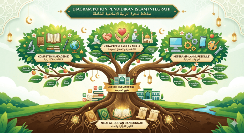 Ilustrasi konsep kurikulum Merdeka Madrasah berbasis Al-Qur'an dan Sunnah sebagai fondasi pendidikan Islam