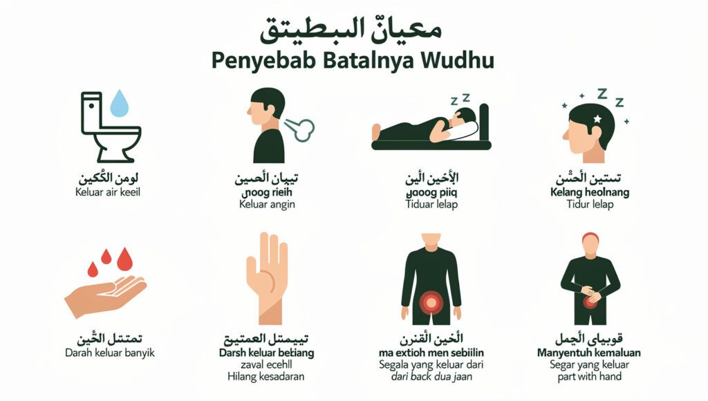 Infografis 7 perkara pembatal wudhu berdasarkan mazhab Syafi'i dan dalil shahih