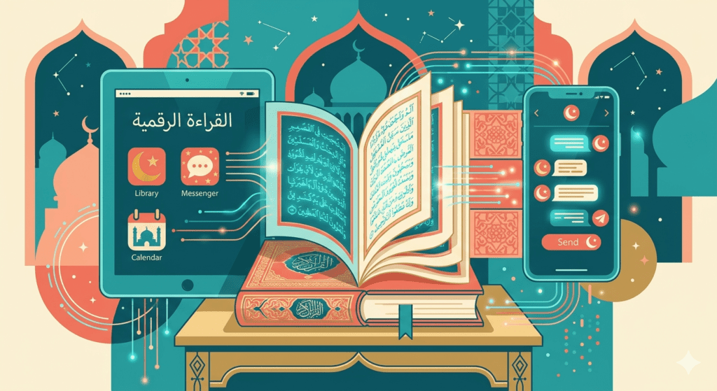 Ilustrasi perpaduan pendidikan Islam tradisional dengan teknologi digital modern