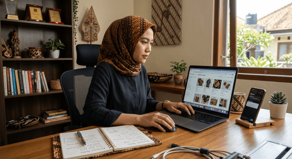 muslim pelaku dropshipping di depan laptop mempertimbangkan hukum dropshipping dalam islam