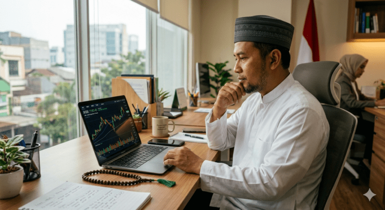 investor muslim melihat grafik saham di laptop mempertimbangkan hukum trading saham dalam islam