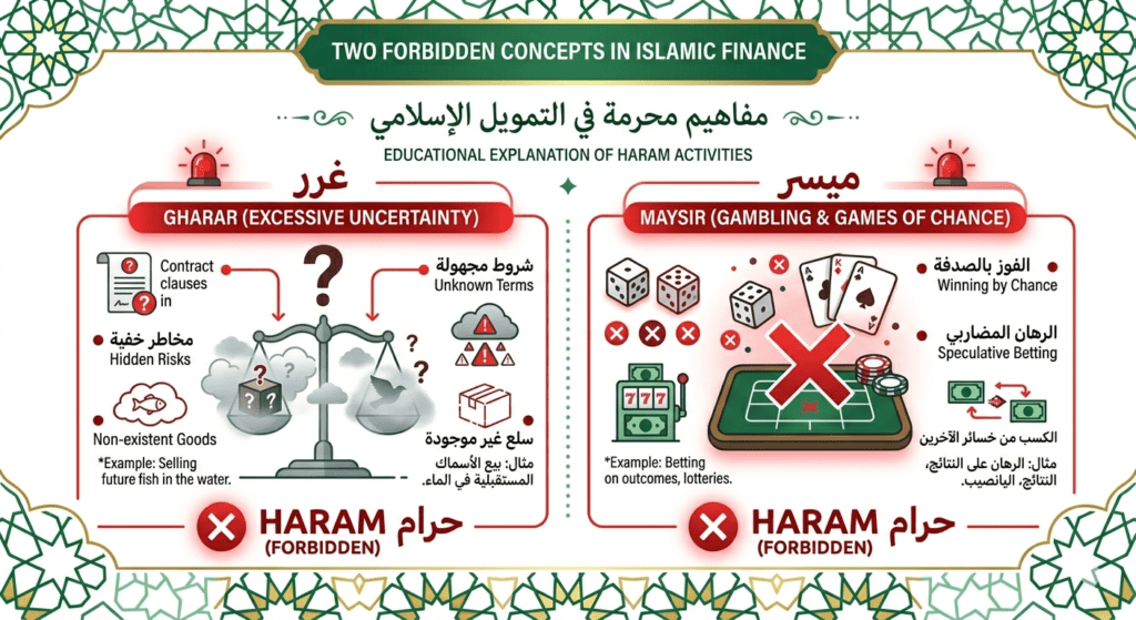 ilustrasi konsep gharar ketidakjelasan dan maysir perjudian dalam fikih islam kaitannya dengan crypto