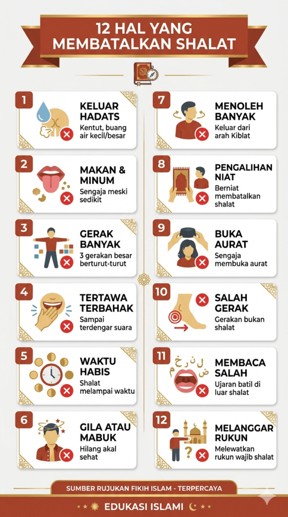 Panduan visual dua belas hal yang membatalkan shalat — pelajari dan hindari agar ibadah shalat Anda senantiasa sah dan sempurna.