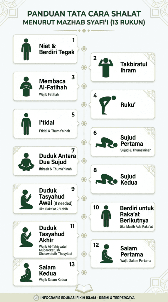 Urutan lengkap gerakan shalat dari takbiratul ihram hingga salam sesuai tuntunan Islam.