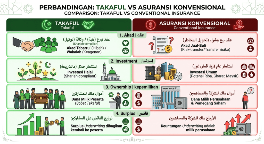 infografis Hukum Asuransi ,4 perbedaan takaful syariah dan asuransi konvensional akad investasi kepemilikan surplus