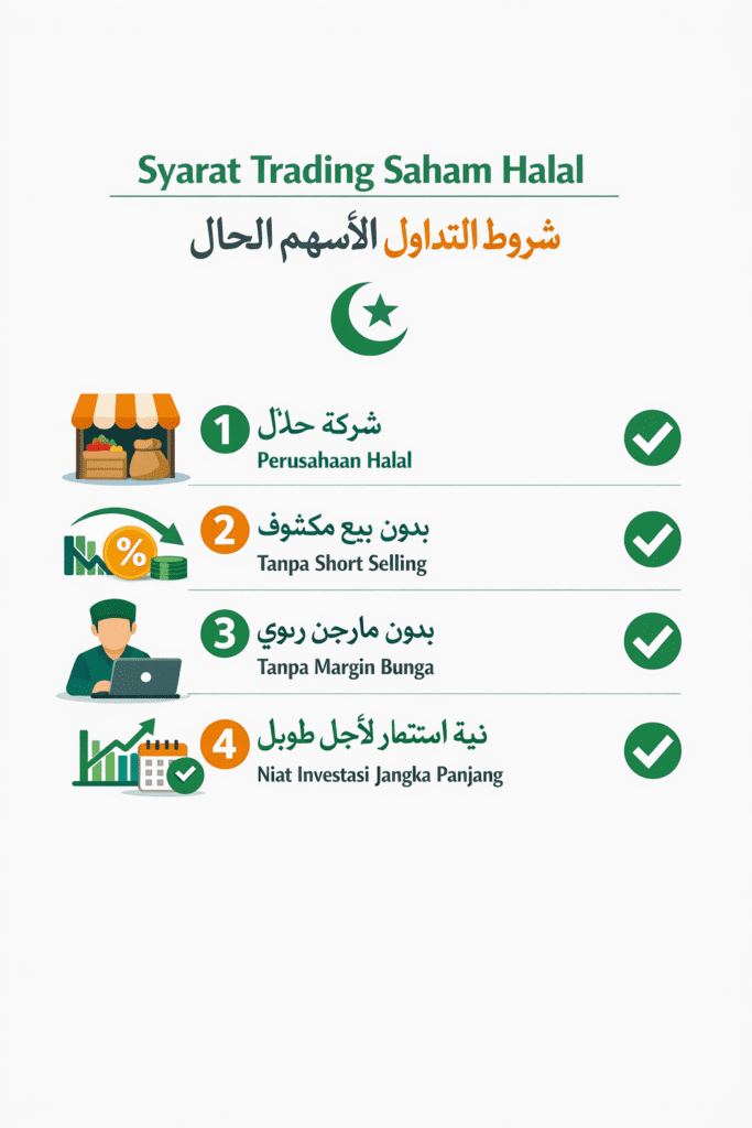 infografis 4 syarat trading saham halal dalam islam perusahaan halal tanpa short selling tanpa riba