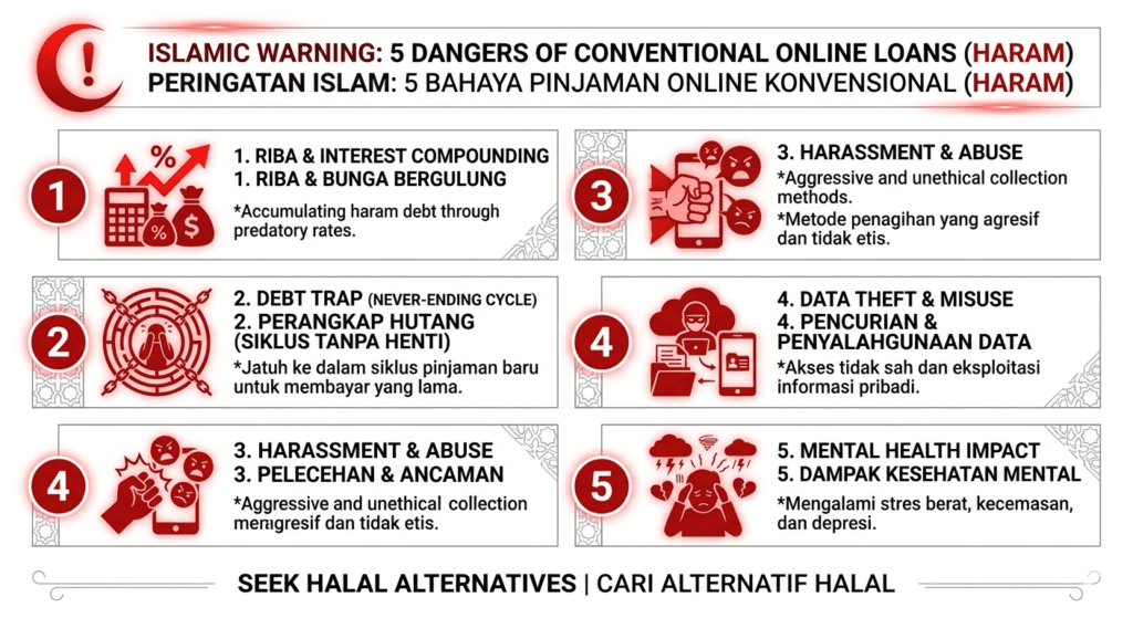 hukum pinjol, infografis 5 bahaya pinjol konvensional berbunga riba bunga berbunga jebakan hutang teror