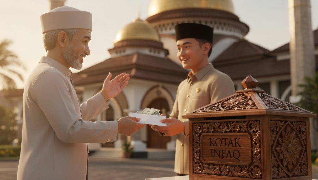 Panduan visual lima hukum infaq dalam Islam — dari yang wajib seperti nafkah hingga yang haram seperti infaq untuk kemaksiatan.