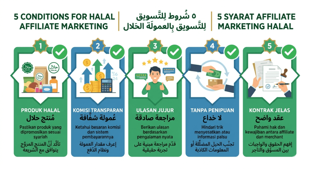 infografis hukum Affiliate Marketing 5 syarat affiliate marketing halal dalam islam produk halal komisi transparan review jujur