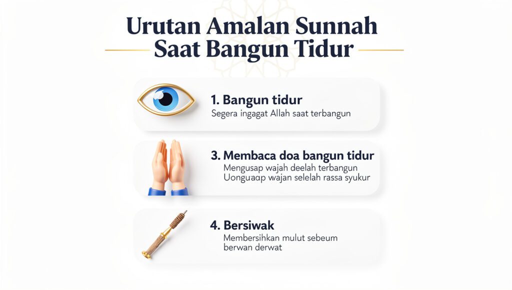 Panduan visual urutan amalan sunnah setelah bangun tidur — dimulai dengan doa bangun tidur hingga bersiap shalat Subuh.