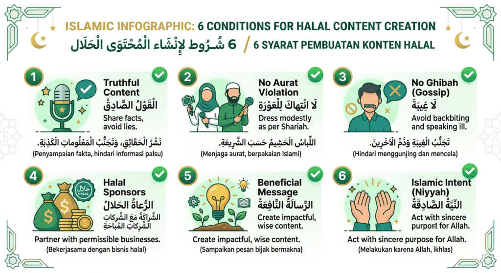 infografis 6 syarat , hukum konten kreator halal dalam islam jujur tidak aurat tidak ghibah sponsor halal