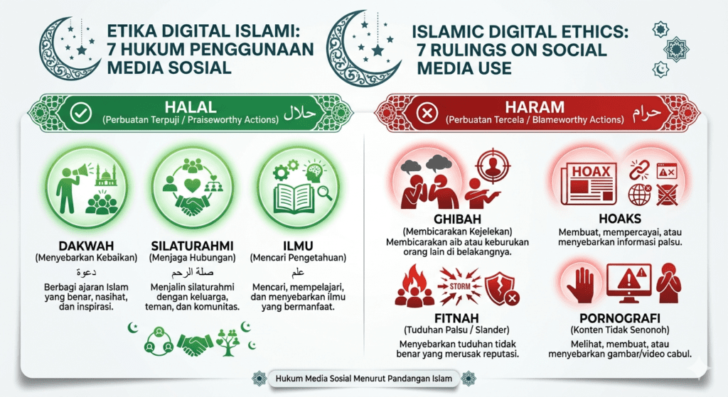 infografis 7 hukum media sosial dalam islam halal dakwah ilmu haram ghibah hoaks fitnah
