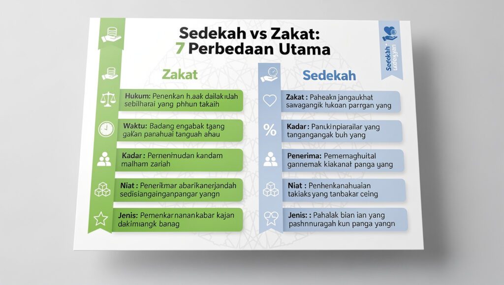 Panduan visual perbedaan sedekah vs zakat — dari aspek hukum, kadar, penerima, hingga keutamaan masing-masing.