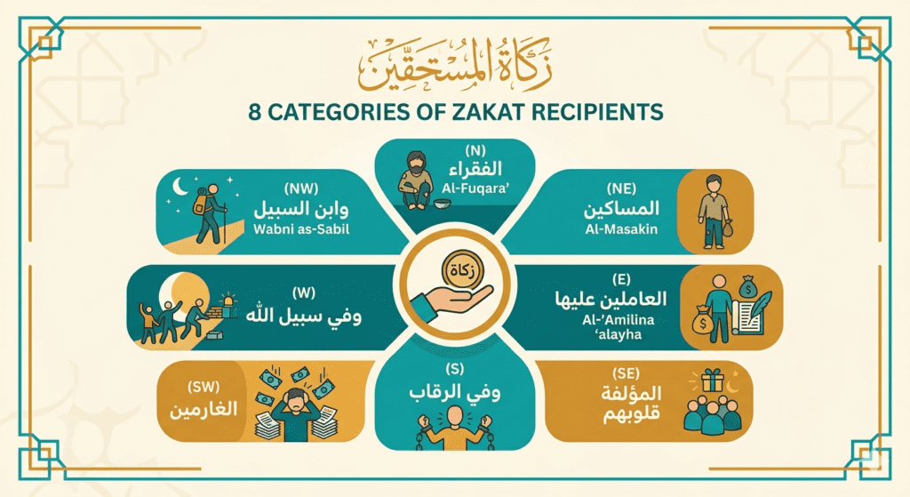 Infografis 8 golongan mustahiq penerima zakat dalam Islam berdasarkan QS At-Taubah 60