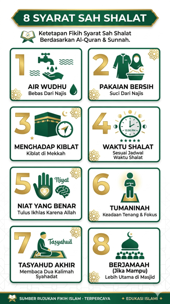 Panduan visual delapan syarat sah shalat yang wajib dipenuhi oleh setiap Muslim sebelum melaksanakan ibadah shalat.