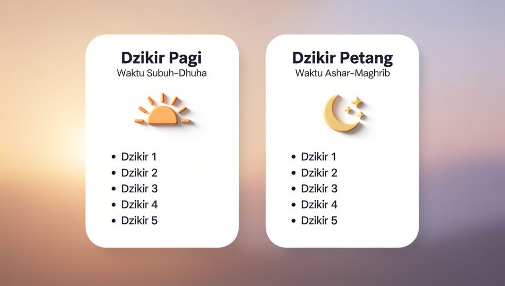 Waktu terbaik dzikir pagi adalah antara Subuh hingga Dhuha, sedangkan dzikir petang dibaca antara Ashar hingga Maghrib.