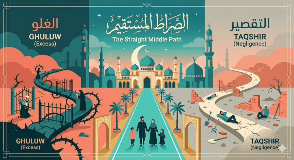 Ilustrasi jalan tengah wasatiyyah islam antara ekstremisme dan kelalaian dalam Islam