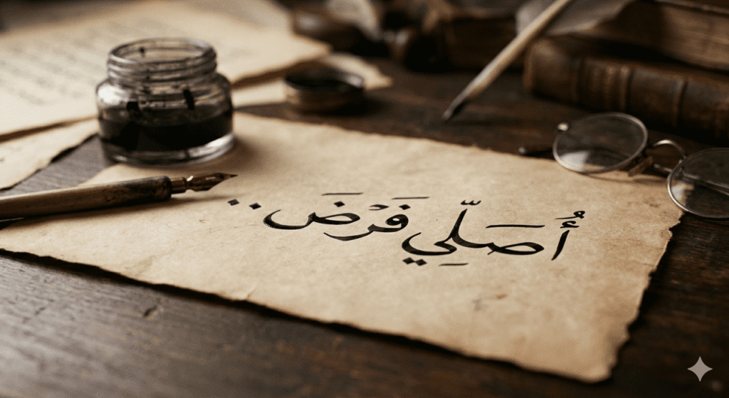 Tulisan Arab bacaan niat shalat fardhu dalam kaligrafi Naskhi yang autentik.