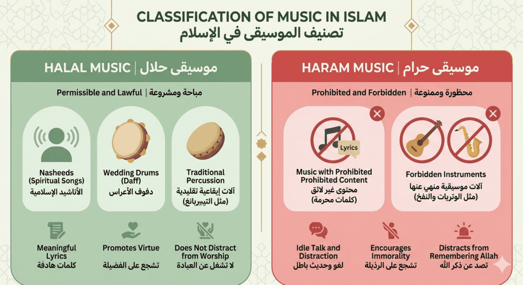 Infografis pembagian musik halal dan haram dalam Islam berdasarkan konten dan konteks