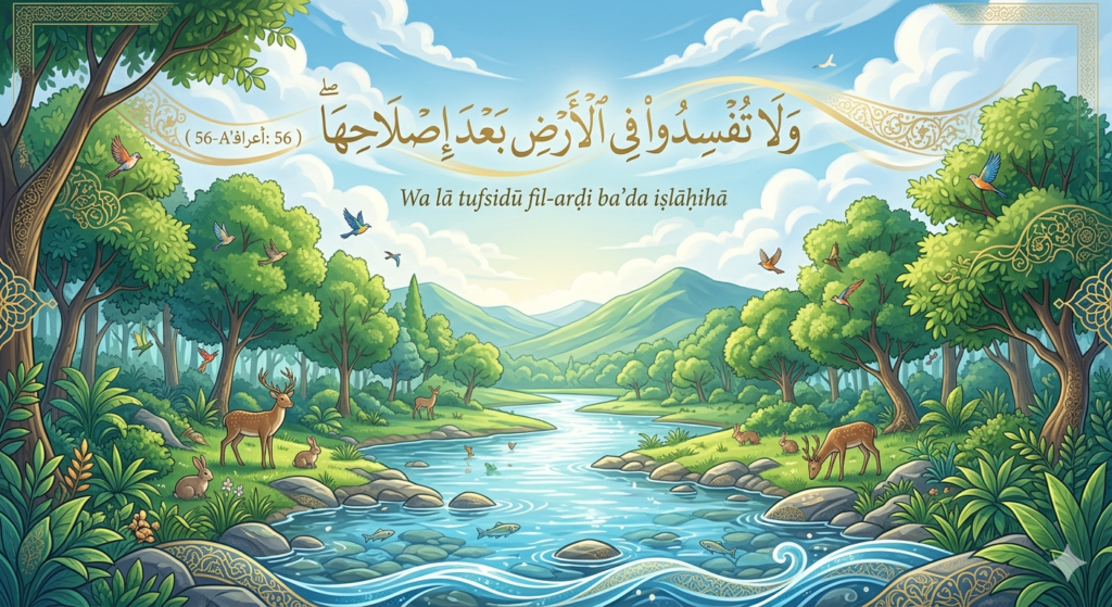 Ilustrasi ayat Al-Qur'an tentang larangan merusak bumi sebagai dasar konservasi alam dalam Islam