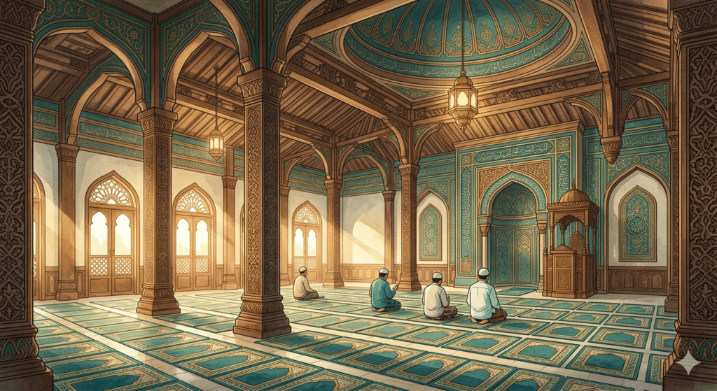 Ilustrasi interior masjid tradisional Indonesia yang bersih dan tenteram sebagai rumah Allah
