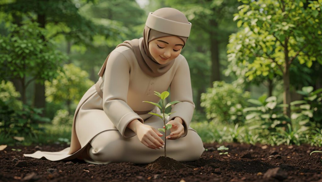 Ilustrasi konservasi alam dalam Islam melalui menanam pohon sebagai ibadah dan sedekah jariyah