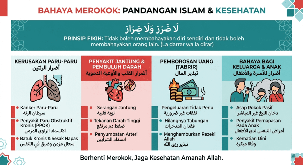 Infografis mudarat merokok bagi kesehatan dan keuangan yang menjadi dasar pengharaman dalam Islam