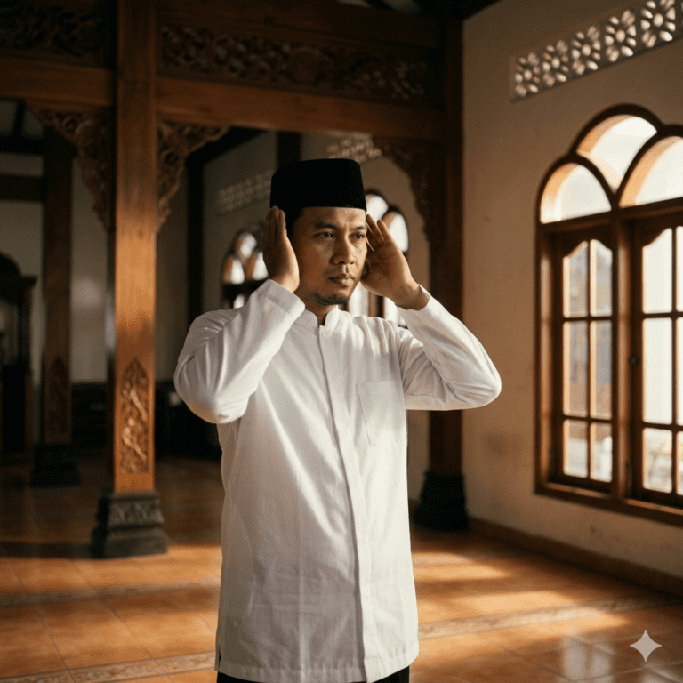 Muslim sedang memulai shalat dengan niat yang ikhlas dan khusyuk.