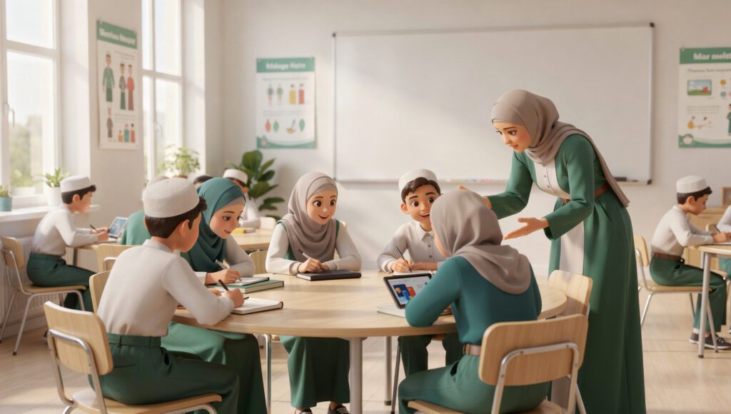 Ilustrasi implementasi kurikulum Merdeka Madrasah dengan pembelajaran aktif berpusat pada murid