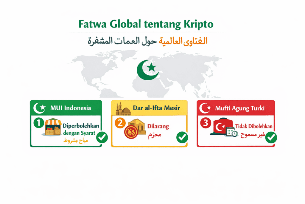 infografis peta fatwa global hukum crypto bitcoin dari MUI Dar al-Ifta Mesir dan Grand Mufti Turki