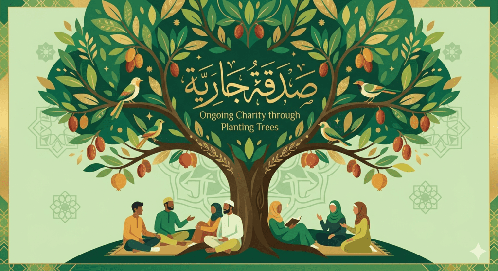 Ilustrasi pohon sedekah jariyah dalam Islam yang memberi manfaat bagi semua makhluk