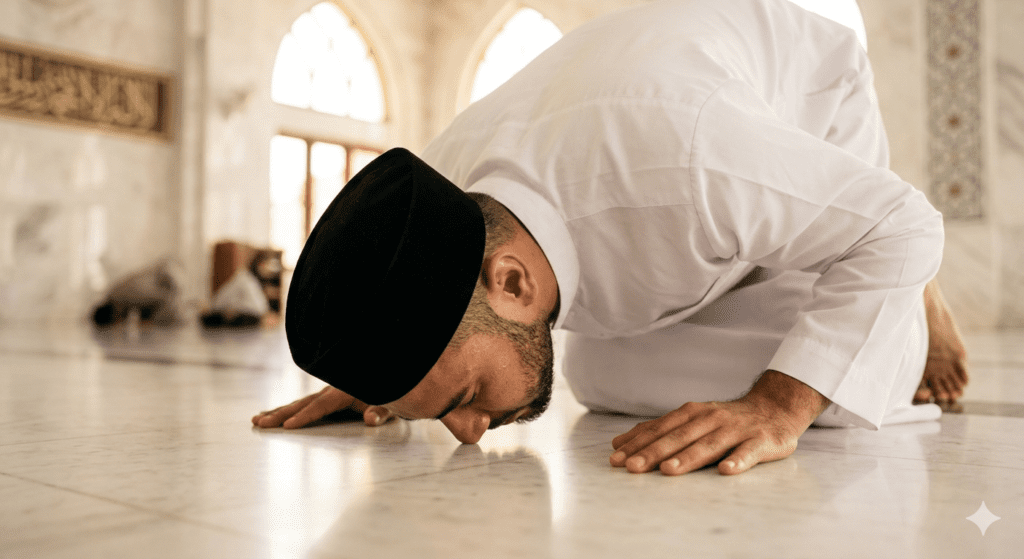 Tata cara shalat yang benar, Posisi sujud sempurna dengan tujuh anggota badan menyentuh lantai sesuai hadis Nabi ﷺ.