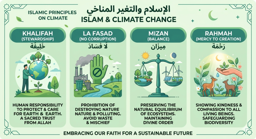 Infografis prinsip Islam tentang lingkungan khalifah fasad mizan dan rahmah