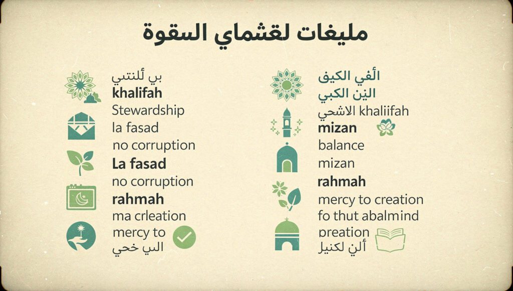 Infografis prinsip Islam tentang lingkungan khalifah fasad mizan dan rahmah