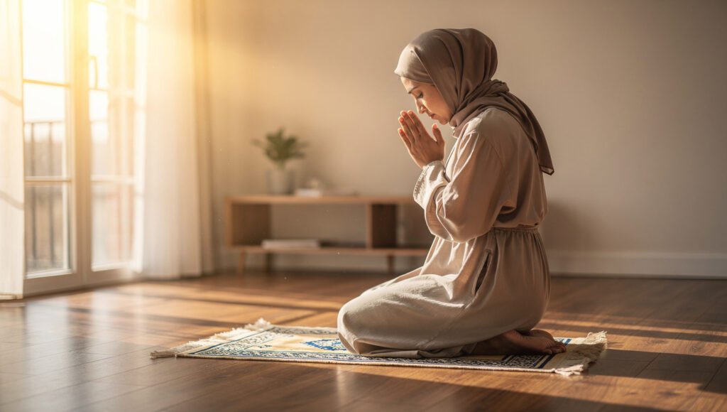 muslimah melaksanakan shalat dhuha di pagi hari dengan cahaya matahari yang hangat