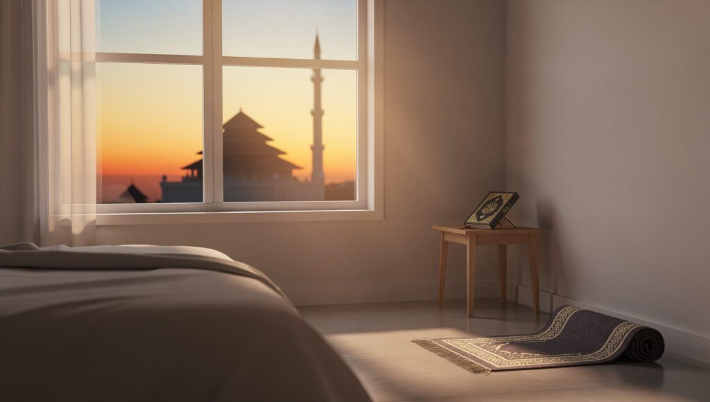 Pemandangan fajar dari kamar muslim sebagai gambaran waktu membaca doa bangun tidur — momen paling istimewa untuk bersyukur kepada Allah atas nikmat hidup kembali setelah tidur.