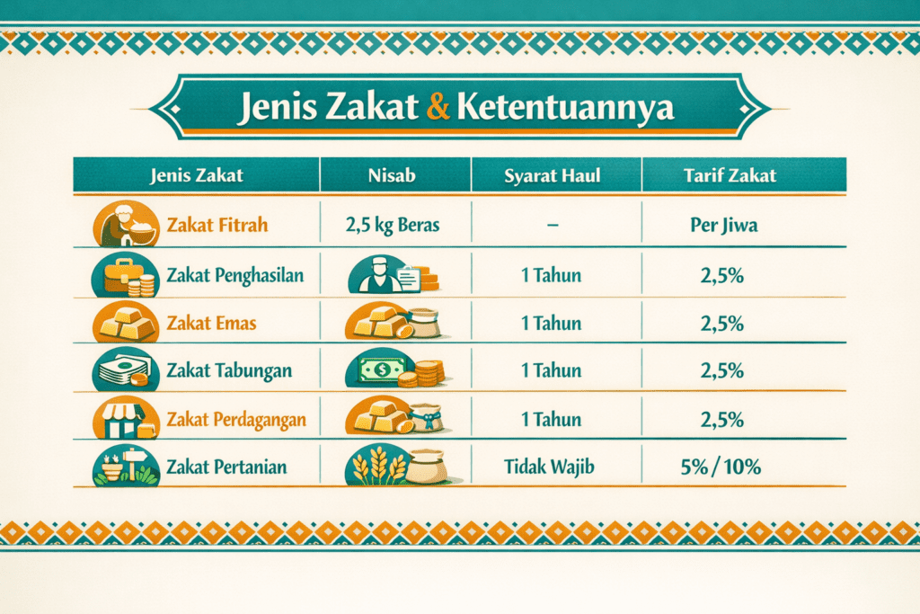 Infografis ringkasan semua jenis zakat nisab haul dan kadar dalam satu tabel lengkap