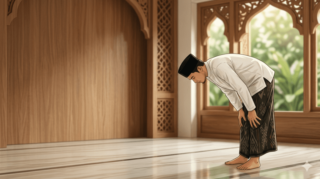 Posisi ruku' yang benar dalam shalat sesuai tuntunan Rasulullah ﷺ dan mazhab Syafi'i.