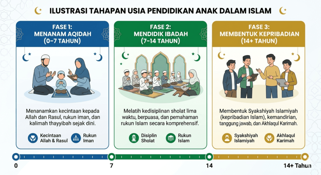Infografis tiga fase pendidikan anak dalam Islam berdasarkan usia menurut panduan Al-Qur'an dan Sunnah